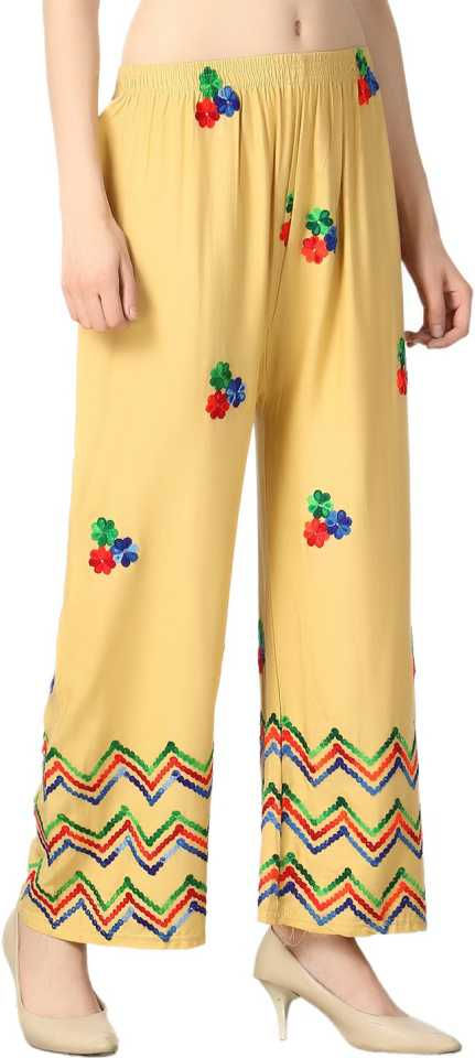 Thumbnail: Ethnic Girls Free Size Beige Rayon Palazzo Pant with Floral Embroidery