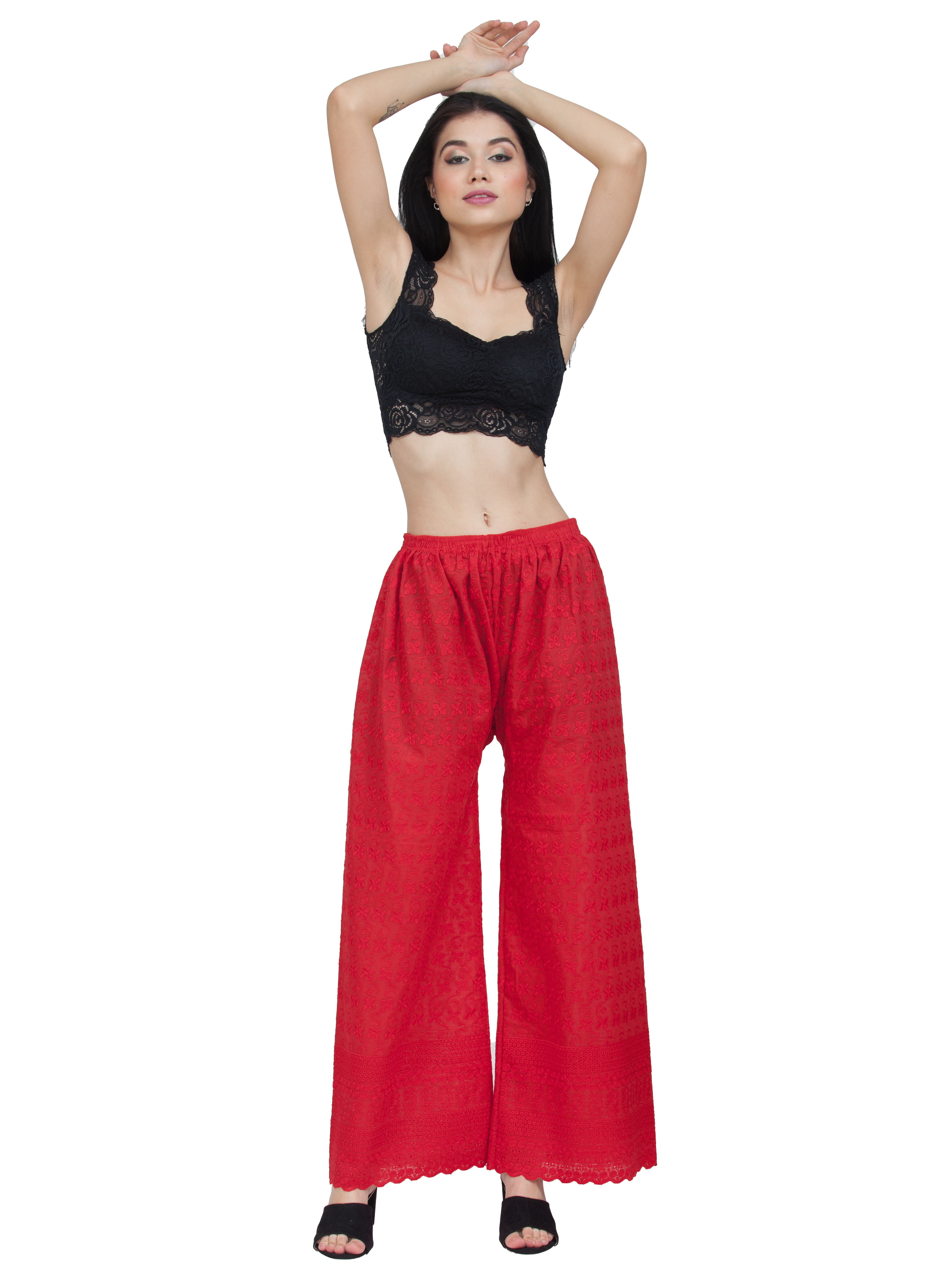 Ethnic Girls Full Chikankari Red Cotton Palazzo Pants