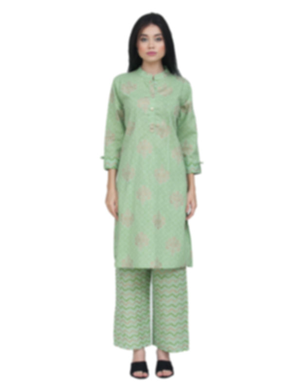 Ethnic Girls Pista Green Gold Cotton Kurta Palazzo Set