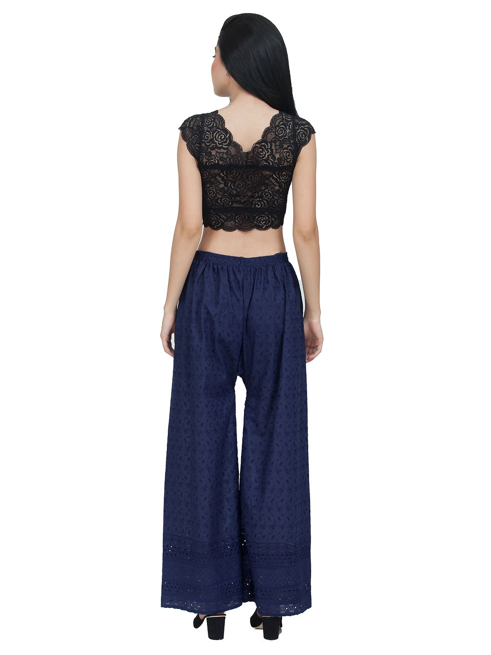 Thumbnail: Ethnic Girls Full Chikankari Navy Blue Cotton Palazzo Pants