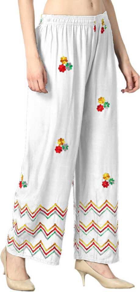 Thumbnail: Ethnic Girls Free Size White Rayon Palazzo Pant with Floral Embroidery