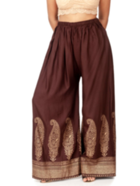 Ethnic Girls Gold Foil Print Brown Rayon Palazzo Pants