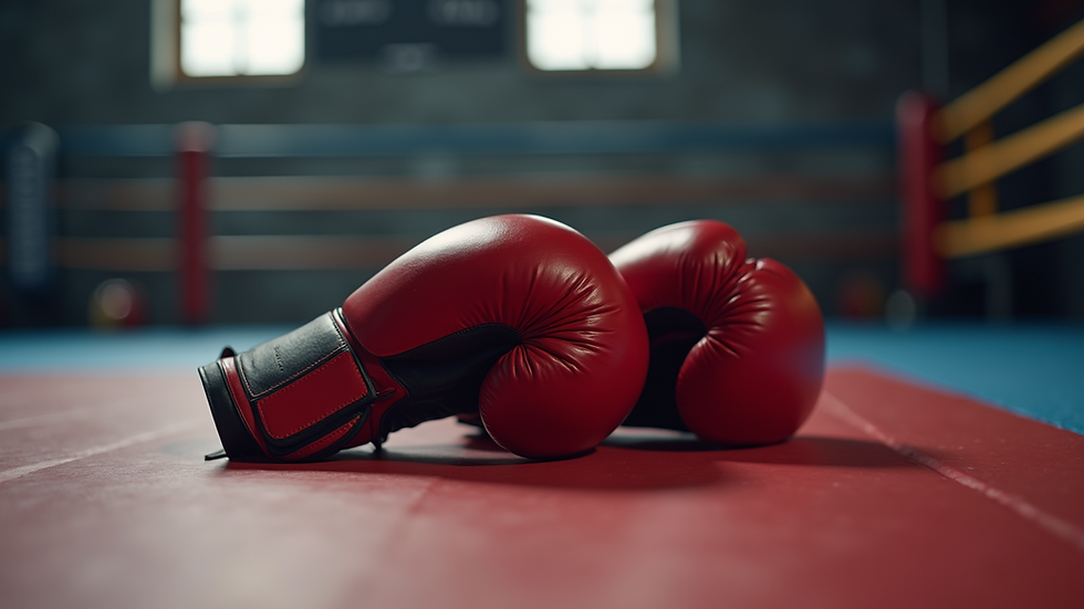 Close-up view of boxing gloves resting on a training mat