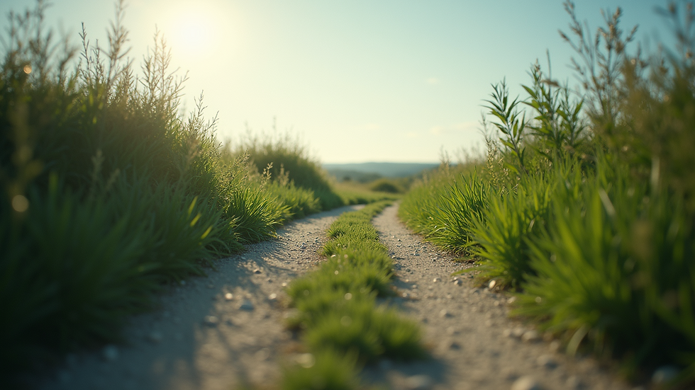 Eye-level view of a calm landscape with a winding path and surrounding lush greenery