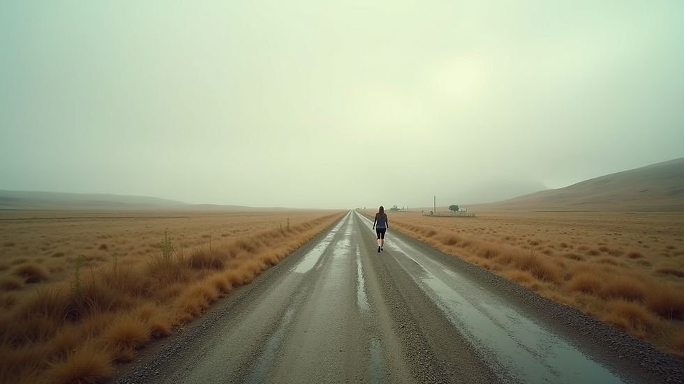 Wide angle view of a serene landscape with a path leading into the distance