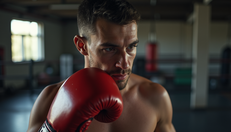 Eye-level view of a lone boxer training in a dimly lit gym