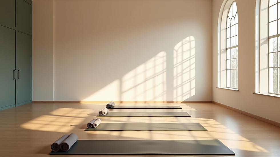 Wide angle view of a serene yoga space with mats and natural light