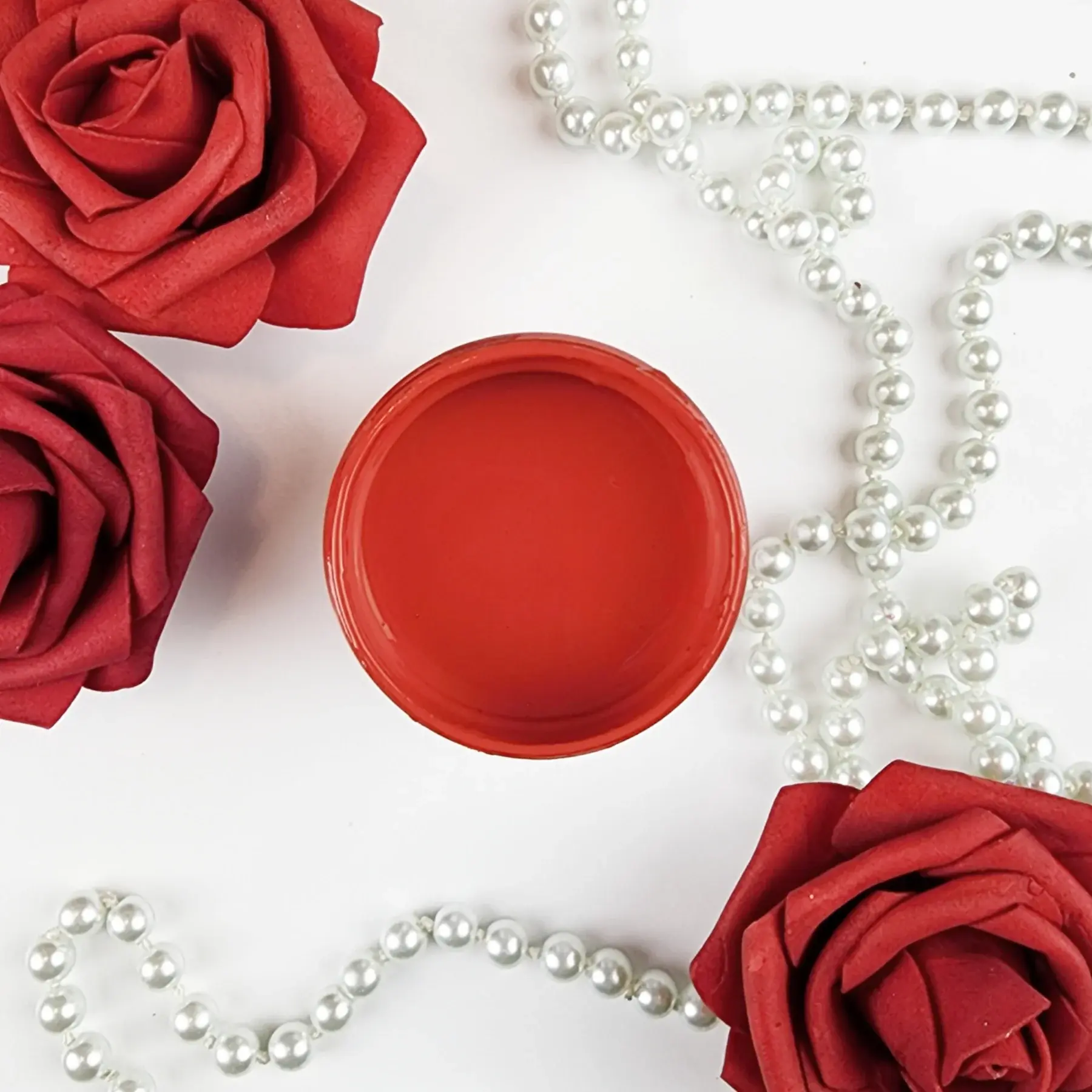 Red Velvet mineral paint swatched with roses and pearls