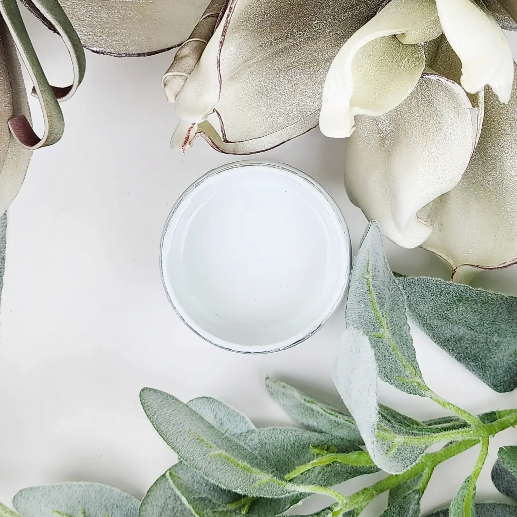 Top view of a Linnea mineral paint jar with eucalyptus leaves