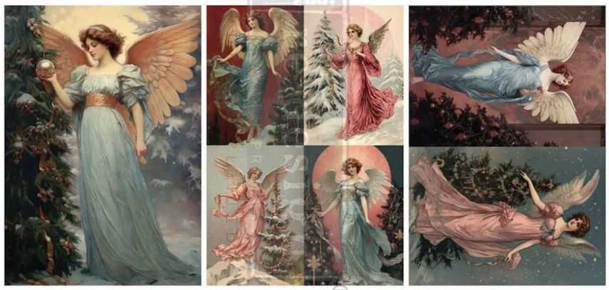 Vintage angel illustrations on Wings Of Winter rice paper.