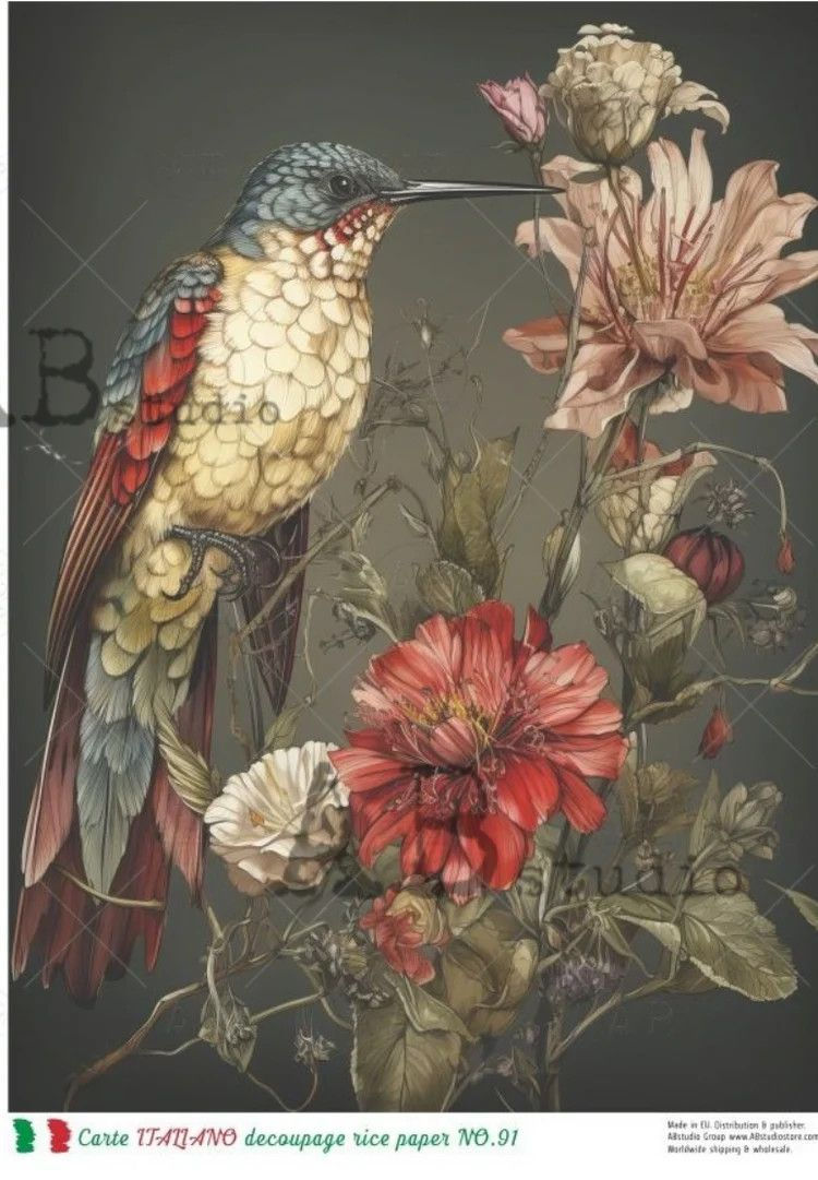 Exotic bird and floral design on rice paper