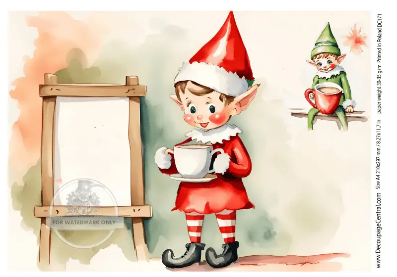 Watercolor Christmas elf holding a mug by a blank sign
