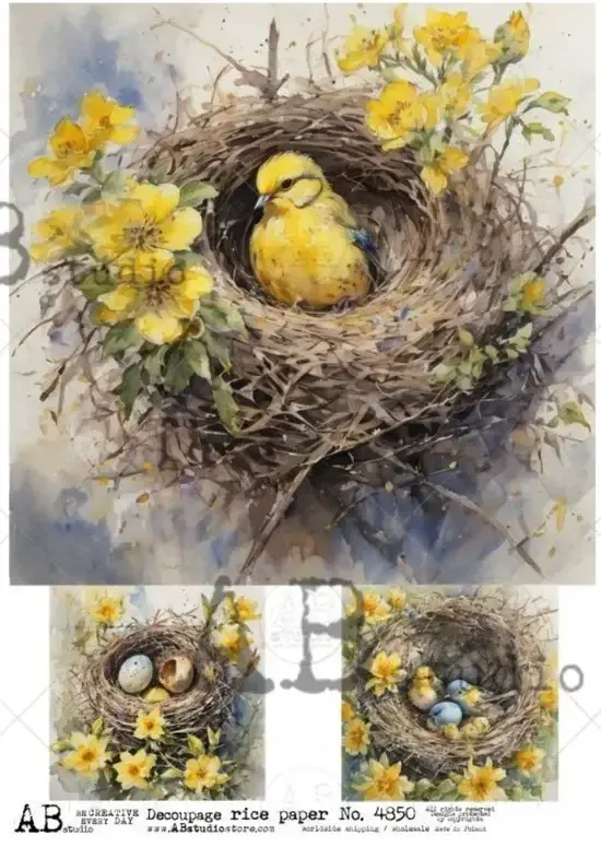 Yellow birds in nest rice paper with spring flowers