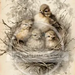 Four baby birds nestled in a bird's nest.