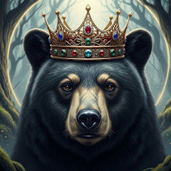 Regal black bear wearing a jeweled crown in a forest.