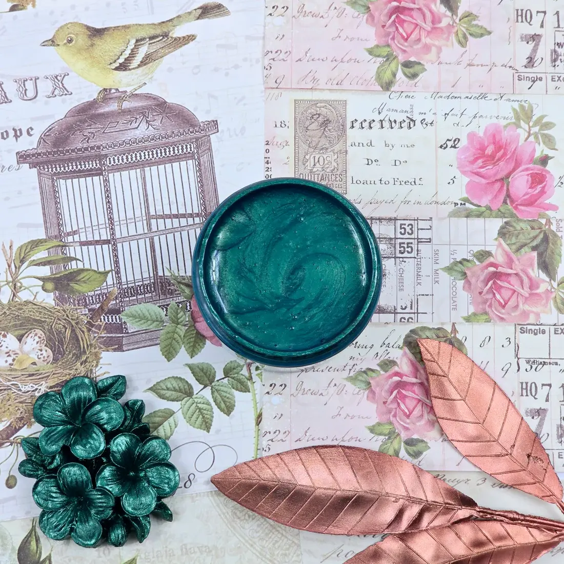 Metallic Emerald paint swirl on vintage floral background