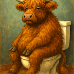 Highland cow sitting on a toilet on rice paper.