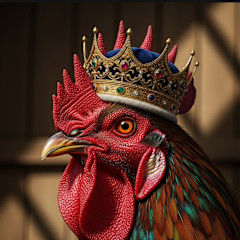 Rooster wearing a gold crown with jewels.