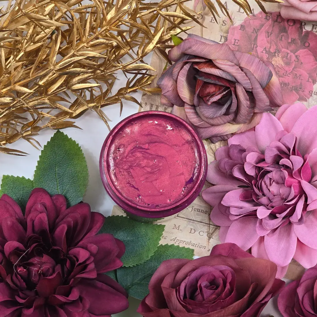 Metallics Lovestruck pink cream jar surrounded by flowers