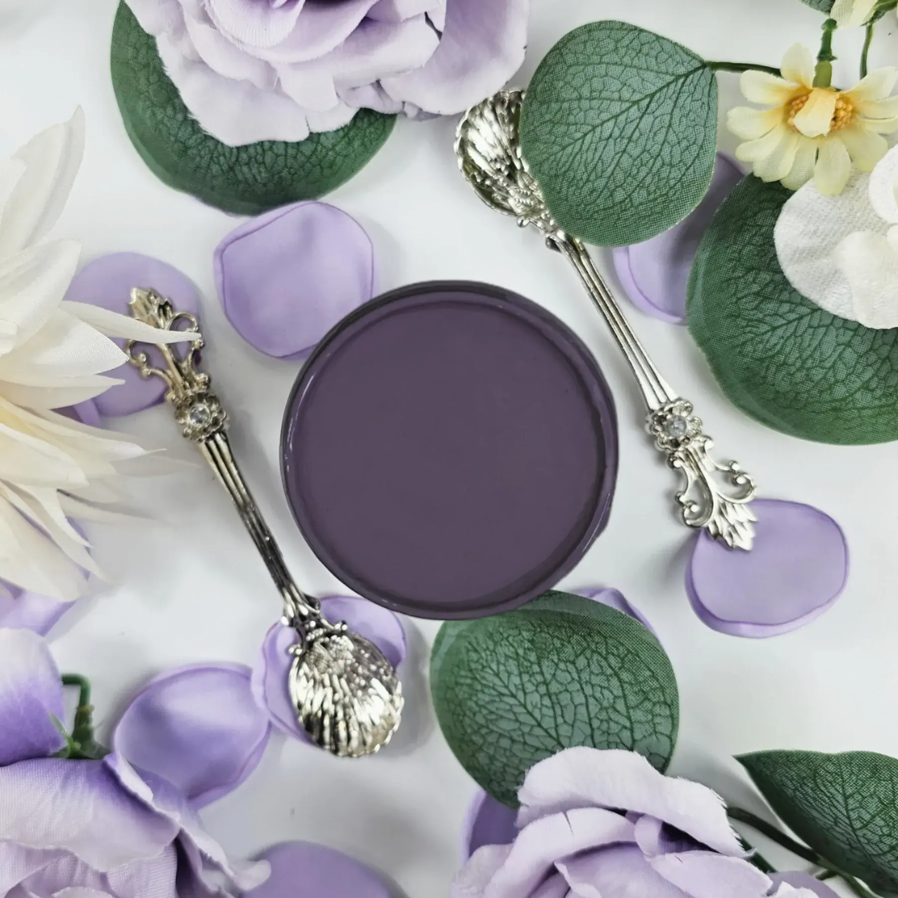 Purple Haze mineral paint swatch with silver spoons and flowers