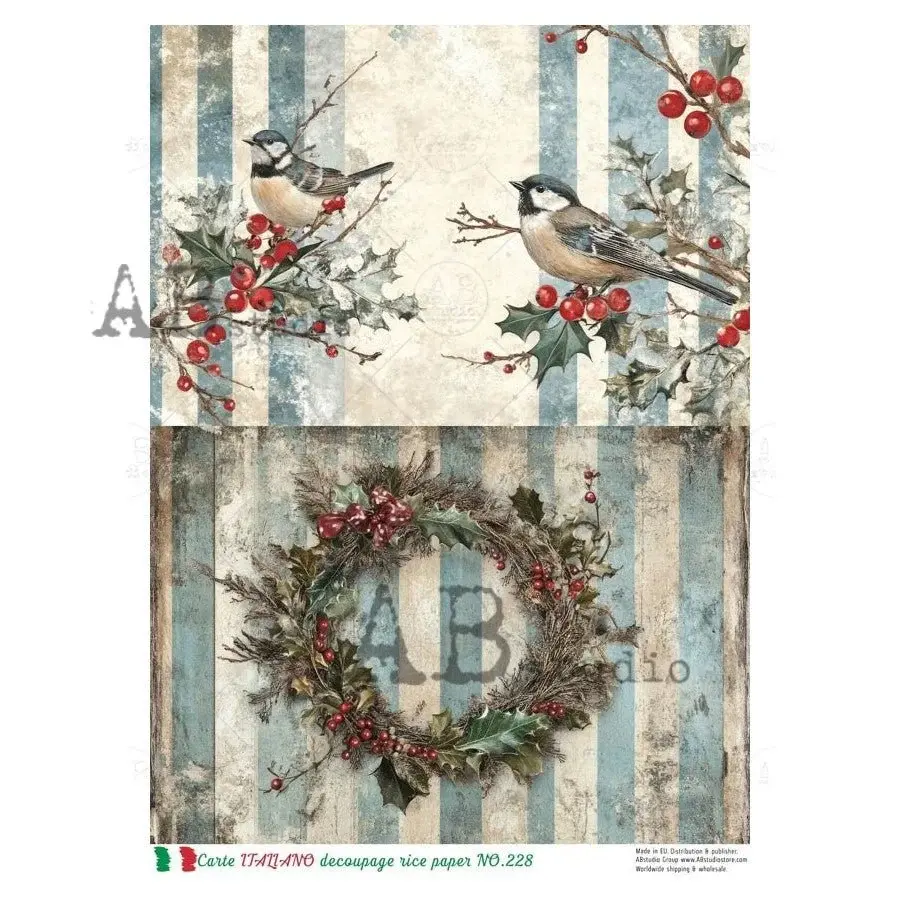 Rustic Christmas Bird and Wreath Rice Paper with blue stripes