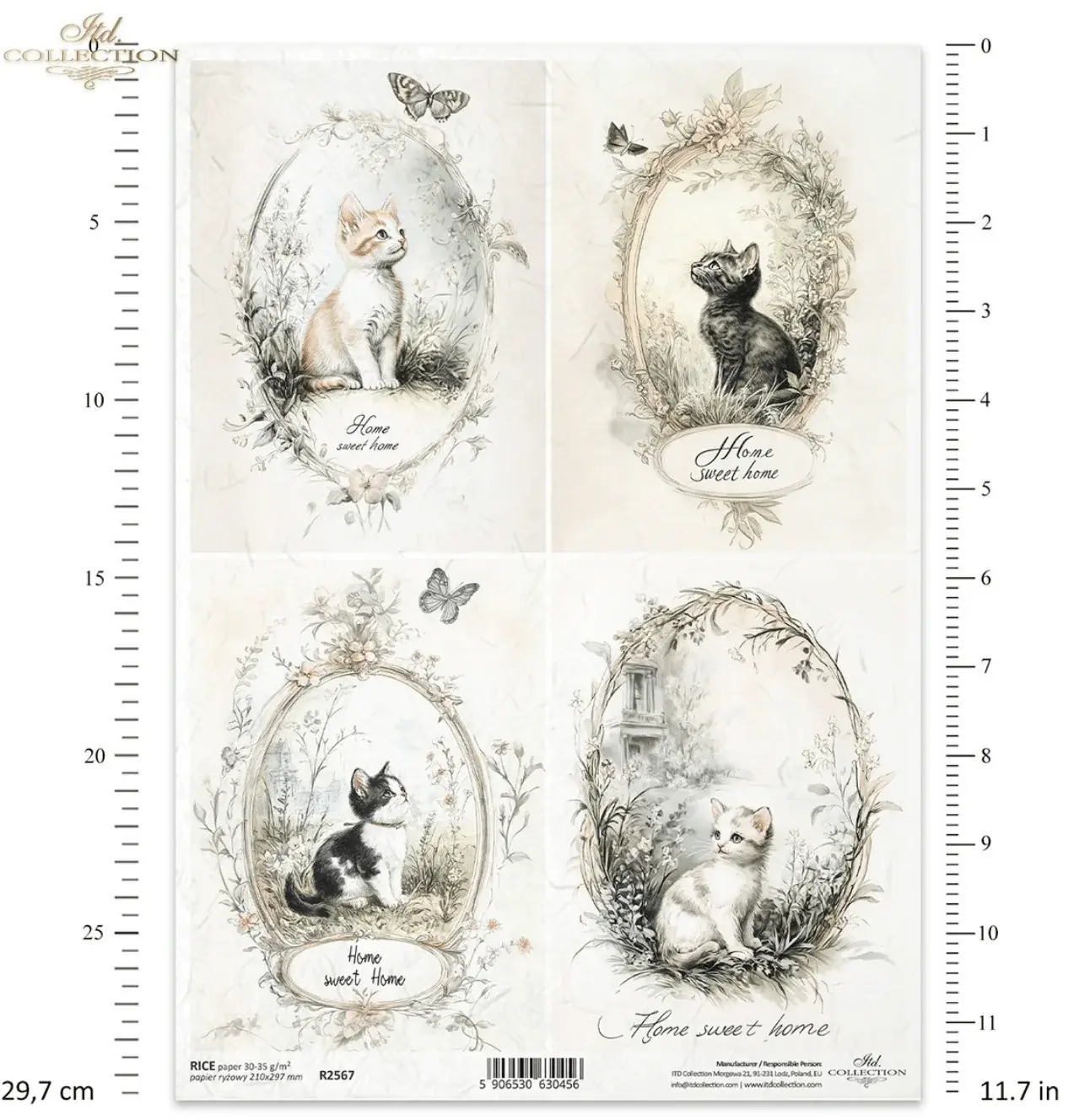 Vintage Kitten Quad Rice Paper with four cat illustrations