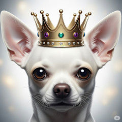White Chihuahua wearing a golden crown with jewels.