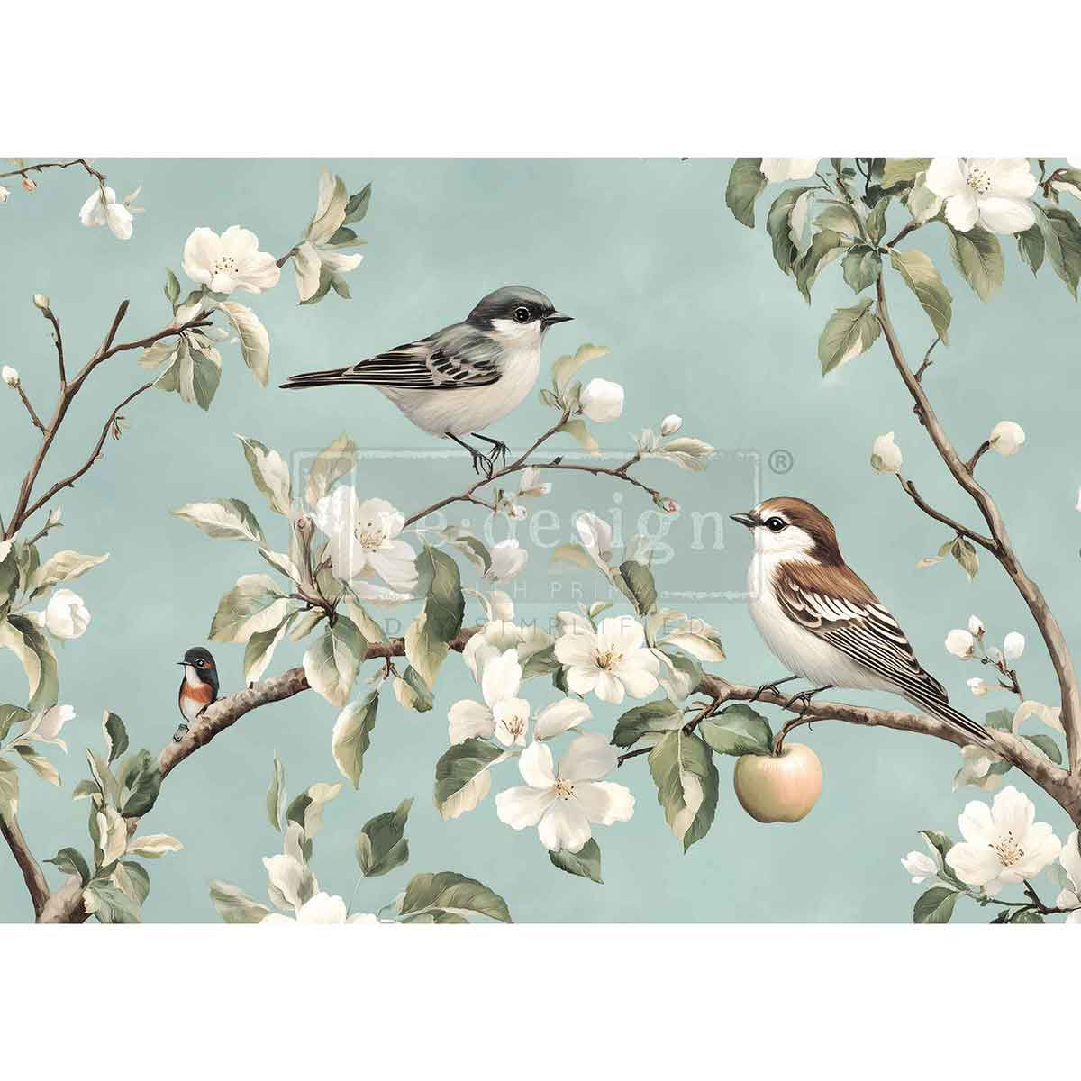 Whispering Wings Decoupage Fiber Paper with birds on blossoms.