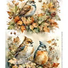 Autumn bird wreath duo rice paper with watercolor birds and leaves