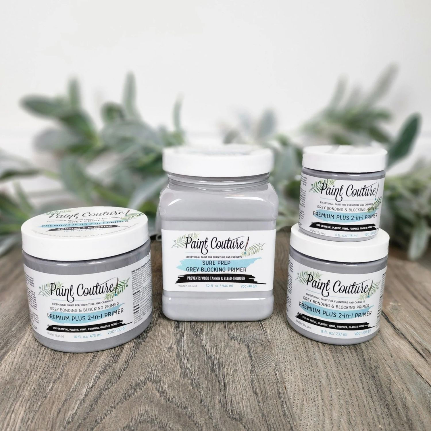 Premium Plus Grey Blocking Primer in four container sizes