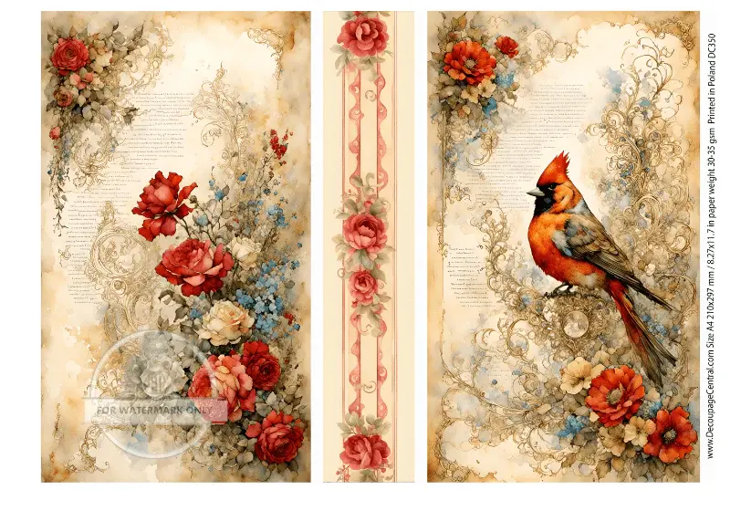 A Cardinals Story Rice Paper with roses and cardinal bird
