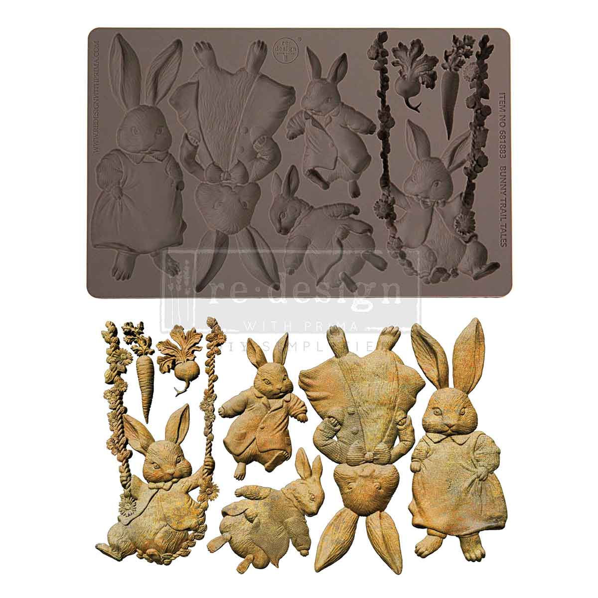 Bunny Trail Tales Mould and clay rabbit figurines.
