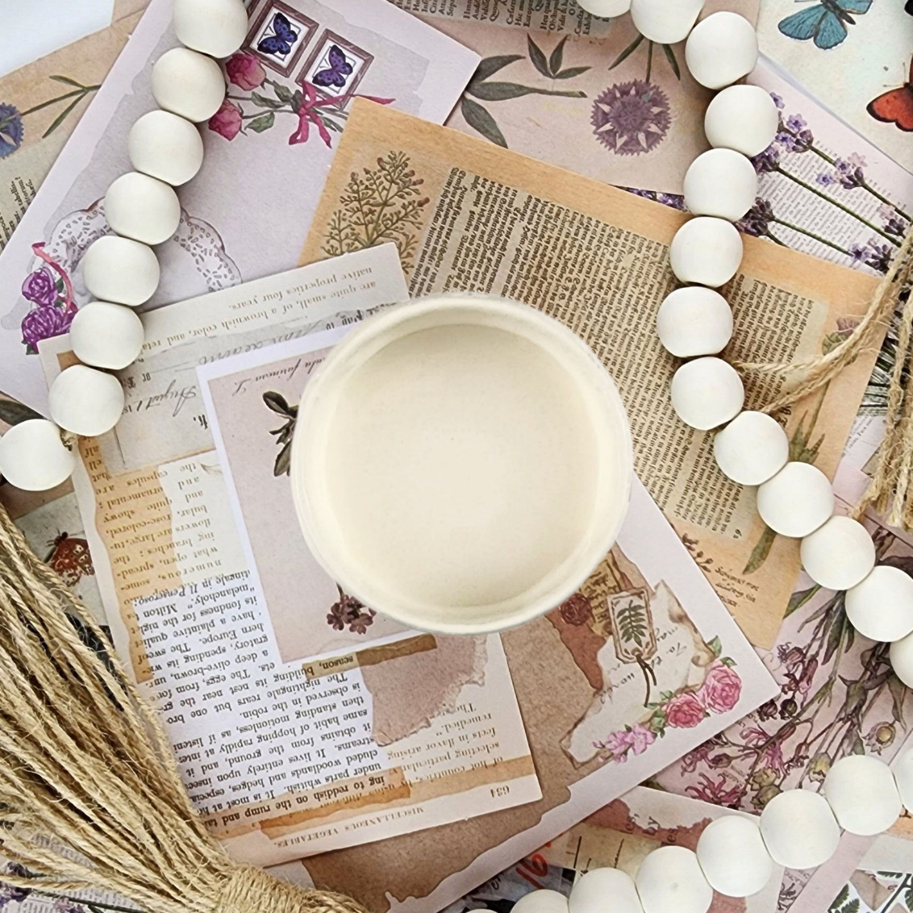 Small bowl of Italian Ivory mineral paint with wooden beads