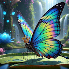 Butterfly wearing a golden crown on a lily pad
