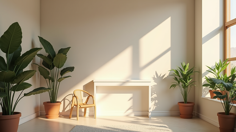 Eye-level view of a cozy skincare studio with soft lighting and plants
