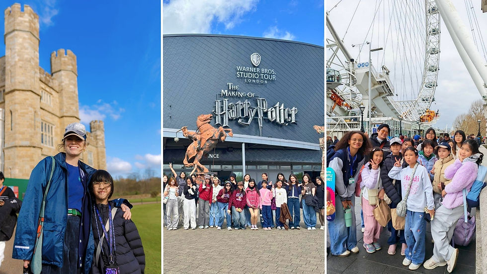 Group photos at Leeds Castle, Harry Potter Studio Tour, and London Eye. Sunny day, vibrant outfits, and cheerful expressions.