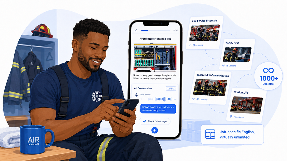Firefighter smiling in locker room using phone with Air Language app; screen shows Firefighters Fighting Fires and 1000+ Lessons.