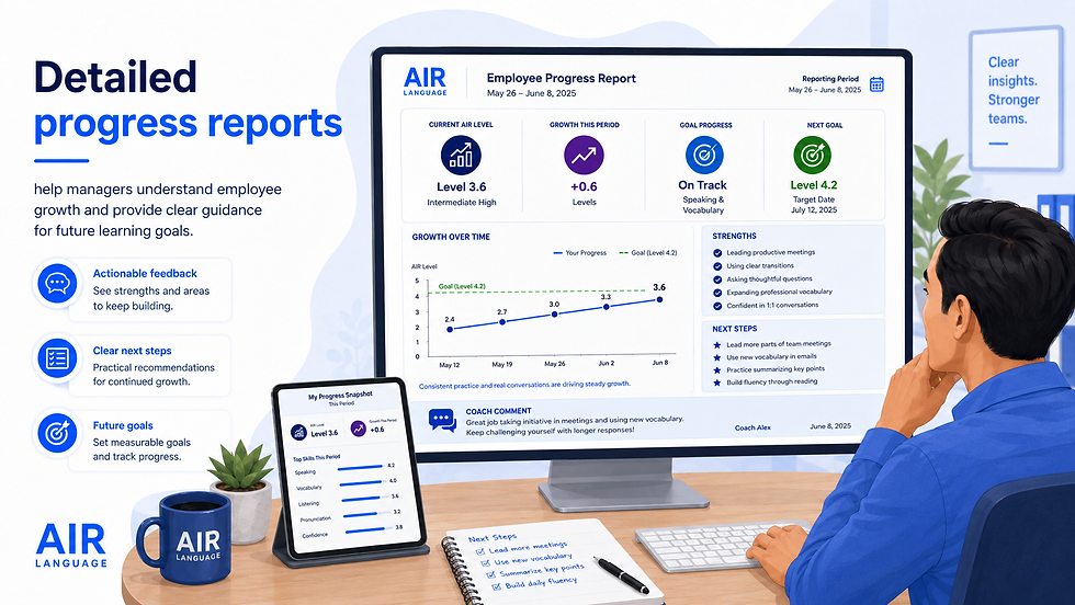 Man reviewing AIR Language employee progress report dashboard, with charts, goals, and coach comments on a bright office desk.