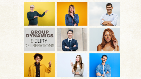 The image shows eight people in square boxes, with a ninth square box that says Group Dynamics & Jury Deliberations.