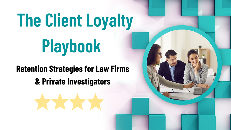 The image shows "The Client Loyalty Playbook" text with people discussing around a laptop. Background has teal cubes; 4 gold stars below text.