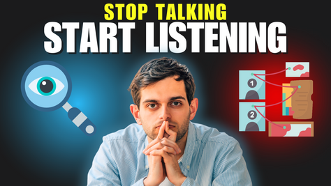 The image shows a white, middle aged male with light facial hair and brown hair looking directly at the camera, with icons of a magnifying glass over an eye and two abstract images with lines connecting them together with the words Stop Talking Start Listening at the top.