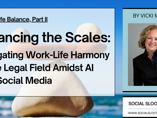 Alt text: Balancing rocks with "Balancing the Scales" article text. Smiling woman in black on the right. Social Sleuth News, blue sky backdrop.
