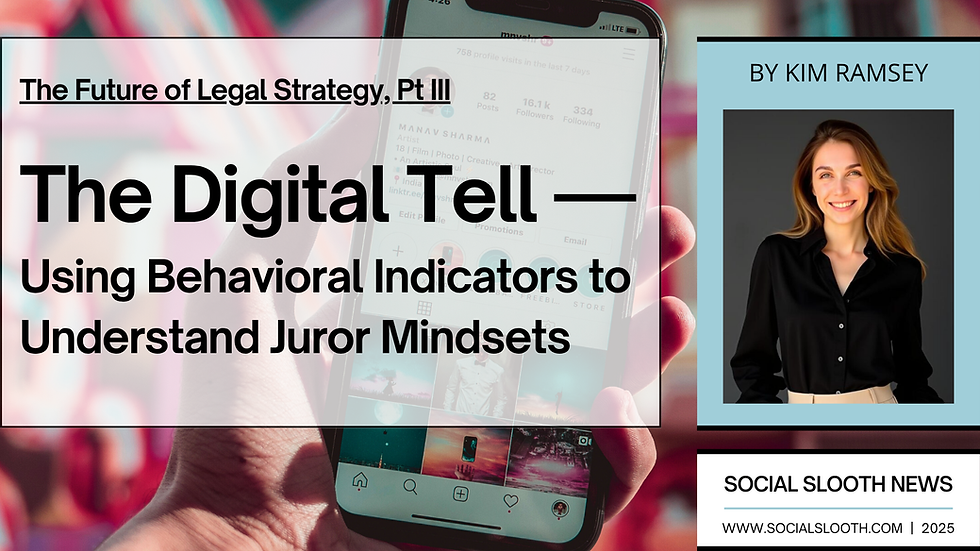 Hand holding a phone overlaid with text: "The Digital Tell — Using Behavioral Indicators to Understand Juror Mindsets" by Kim Ramsey. Smiling woman pictured.