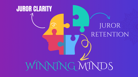 The image features the words "Winning Minds" with the subheadings "Juror Clarity" and "Juror Retention" over a purple and blue background. In the middle is an outline of a person's side profile split into four puzzle pieces colored yellow, red, green, and blue.