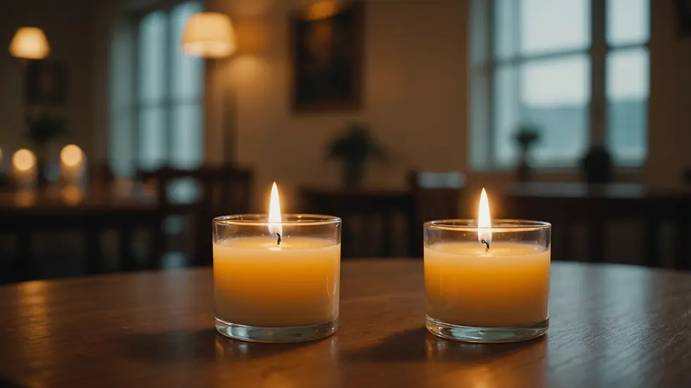 Eye-level view of a candle glowing softly on a table