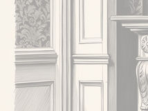 Grayscale sketch of ornate paneled wall and floral wallpaper in an elegant interior, with no people or text visible.