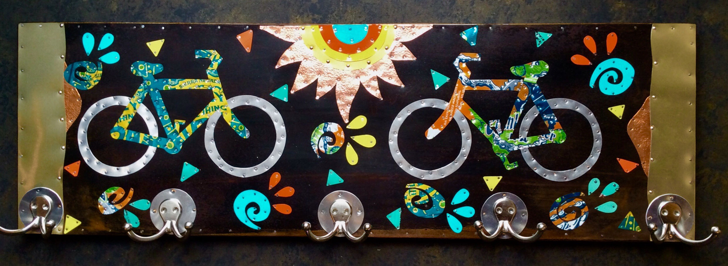 repurposed IPA beer can  bicycle art coat rack