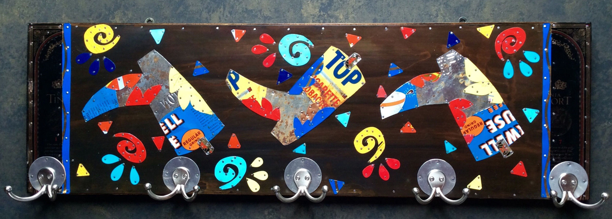 salvaged rusty coffee can cowboy boot coat rack with 5 hooks