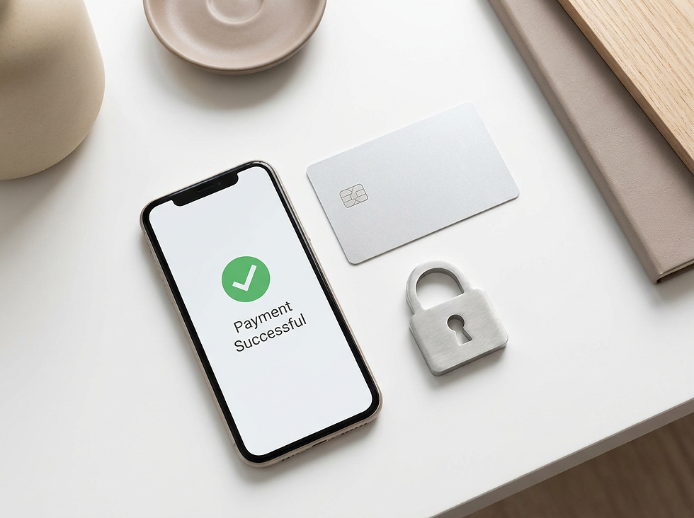 Smartphone showing a 'Payment Successful' screen next to a physical credit card and a small padlock.