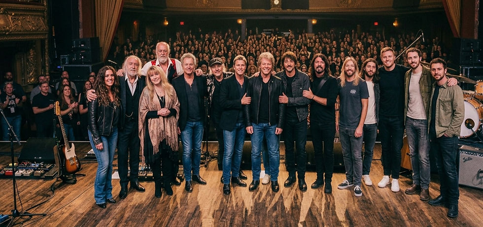 Famous rock musicians and band members standing together on a vintage wooden stage in a classic concert hall.